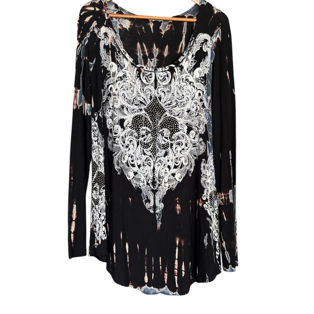 Fleur-De-Lis Bling Tie Dye Black and White Women's Top XL AOP